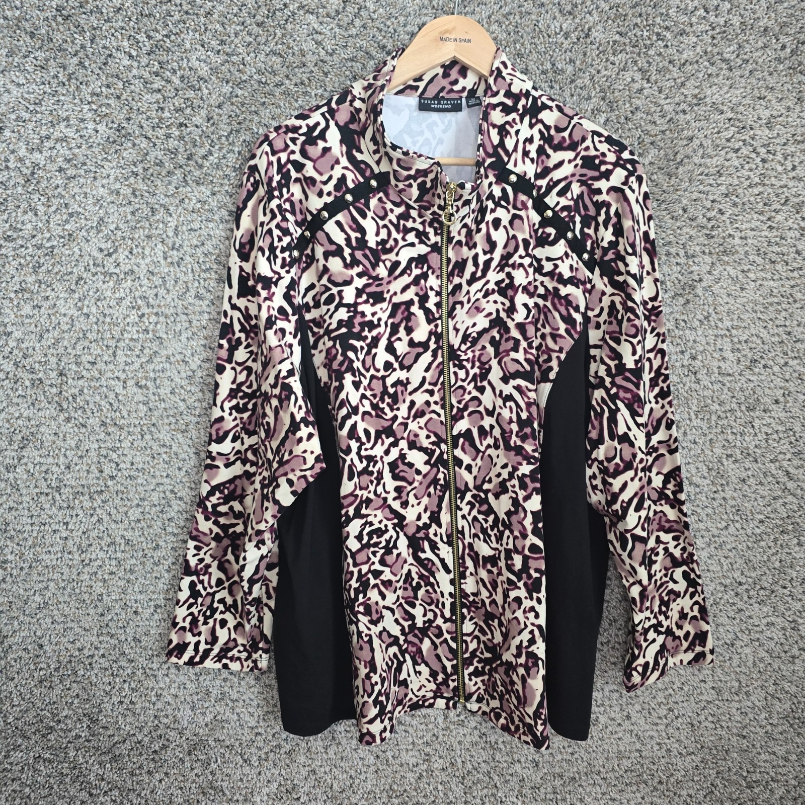 Susan Graver Jacket Womens Plus 3x Purple Animal Print Full Zip Weekend Ladies